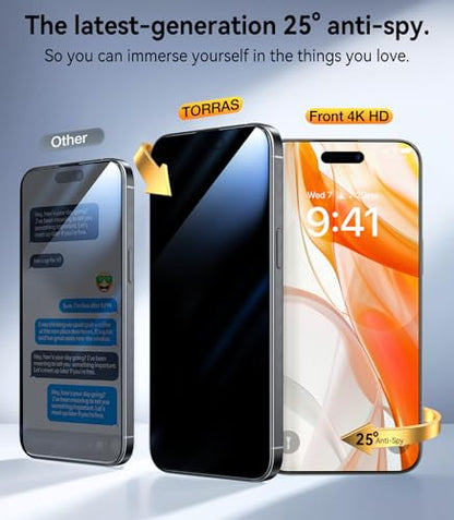 TORRAS Military-Grade for iPhone 16 Pro Screen Protector Privacy, [9H+] Full Coverage Tempered Glass, [TOP 25° Anti-Spy], Easy Install, Bubble-Free, Case-Friendly, 6.3'', 2-Pack