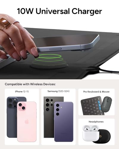 ZAGG Mouse Pad Desk Mat with Wireless Charging for All Devices - 10W Fast Charge, Integrated USB-C, Premium Felt Top, Non-Slip Bottom, Office Organizer, Black
