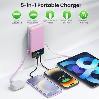 Portable Charger with Built-in AC Plug and Cables,13800mAh All in One USB C Fast Charging Power Bank,Travel Essentials Portable Phone Charger Battery Pack for iPhone 17/16/15/14/13,Galaxy,Android-Pink - color: Pink