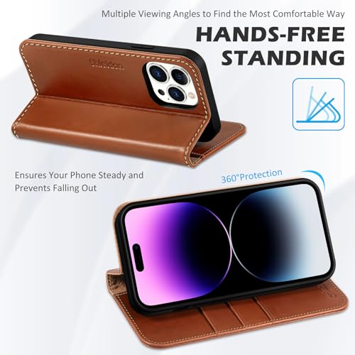 SHIELDON Genuine Leather Case Wallet for iPhone 14 Pro 6.1", Retro Brown | Folio Magnetic Closure, RFID Blocking, Credit Card Holder, Kickstand, Shock Absorbing Protective Cover - color: Brown - Retro