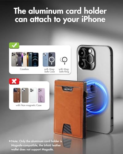 iwantit 3 in 1 Magsafe Wallet Men: Bifold Wallet + Magnetic Wallet for iPhone - Detachable Cash Strap, Smart Pop Up Card Holder, ID Window, Premium Leather (Orange-red) - color: Orange-red