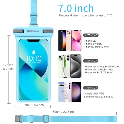 wellhouse Waterproof Phone Pouch, Waterproof Phone Case for iPhone 16 15 14 13 12 Pro Max XS Samsung, IPX8 3D Cellphone Dry Bag Beach Essentials (1 Pack - Light Blue7.0, 7 inch) - color: 1 Pack - Light Blue7.0"