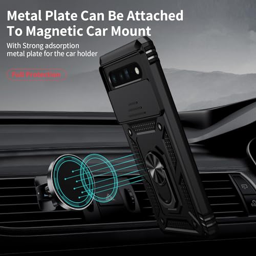 Vinve for Google Pixel 6 Pro Case with Slide Lens Cover, Military Grade Drop Protection, Magnetic Rotated Ring Holder Kickstand Protective Phone Case (Black) - color: Black ,Military Grade 2nd gen.