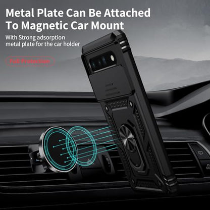 Vinve for Google Pixel 6 Pro Case with Slide Lens Cover, Military Grade Drop Protection, Magnetic Rotated Ring Holder Kickstand Protective Phone Case (Black) - color: Black ,Military Grade 2nd gen.