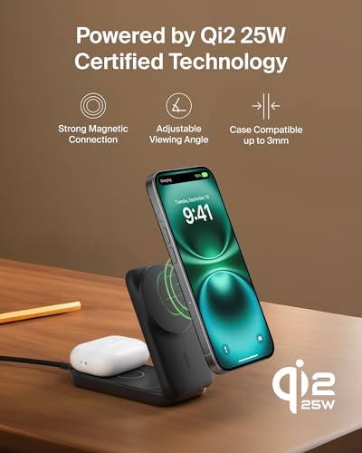 Belkin Qi2.2 25W Wireless 2 in 1 Foldable Fast Charging Station + USB C - color: Black