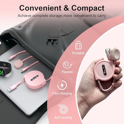 MTAKYI Retractable Multi 3-in-1 USB C+Lightning Charging Cable+Apple iWatch Charger Cable,Travel Multiple Car Charge Cord for iWatch Series 9 8 7 6 5 SE/iPhone 14 13 12 Pro/Samsung -Pink