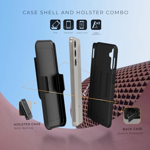 MOTIVE for Samsung Galaxy s24 Case with Belt Clip, Rigid, Kickstand | 6.1" | Ranger v1 Series, Black, 360° holster, open-top/open-bottom port access, textured grip, slim design - size: S24