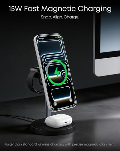 3 in 1 Magnetic Wireless Charging Station, 15W Charger for iPhone, Black - color: Black