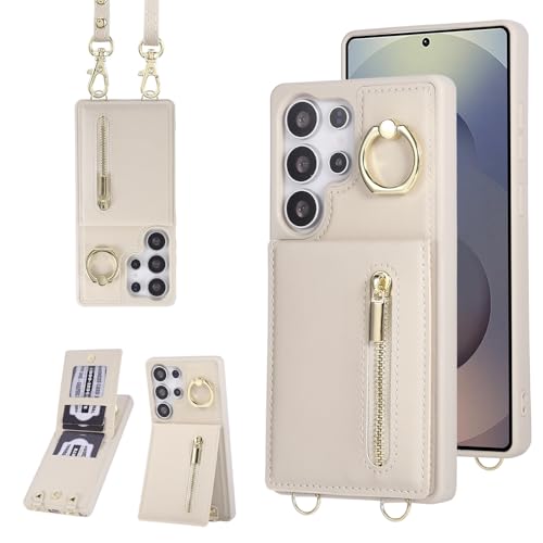 Crossbody Wallet Case for Samsung Galaxy S25 Ultra, with Card Slots Zipper Pocket Case, Flip Folio Purse RFID Blocking with Ring Kickstand Detachable Strap-Beige - size: Select