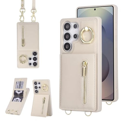 Crossbody Wallet Case for Samsung Galaxy S25 Ultra, with Card Slots Zipper Pocket Case, Flip Folio Purse RFID Blocking with Ring Kickstand Detachable Strap-Beige - size: Select