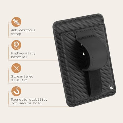 Walli Cases Magnetic Wallet, Slim Card Holder, Kickstand Finger Strap - color: Elite Black