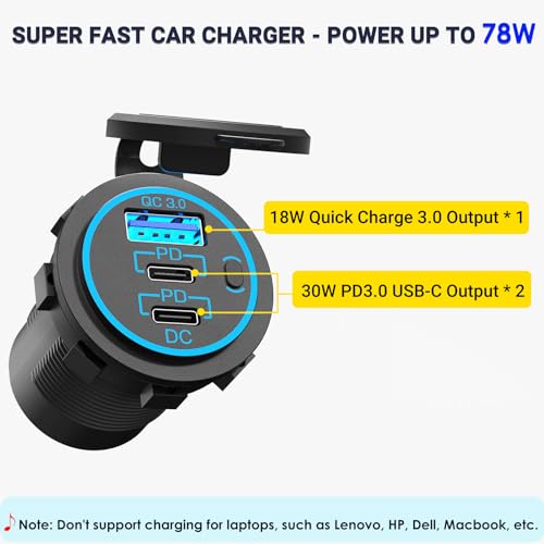 USB C Car Charger Socket 12V USB Outlet 2 Pack,78W RV USB Outlet Dual 30W PD USB-C and 18W QC3.0 Car USB Port with Button Switch Waterproof for Car RV Boat Marine Truck Motorcycle ect
