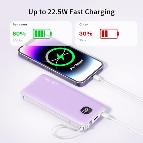 Portable Charger 10000mAh 22.5W Power Bank,Built-in 3 Cables & AC Wall Plug - color: Purple