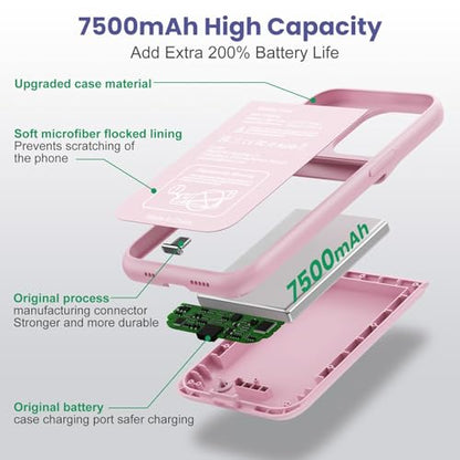 Feob Battery Case for iPhone 15Pro (6.1Inch), Real 7500mAh Ultra Slim Portable & 15W Fast Charging, Rechargeable Protective Extended Charger Case Cover Only for iPhone 15Pro Charging Case-Pink - color: Pink