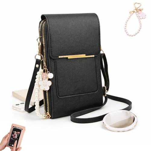 Touch Screen Phone Crossbody Bag, Waterproof PU Leather with Adjustable Shoulder Straps, for Women Outdoor, Travel - color: Black