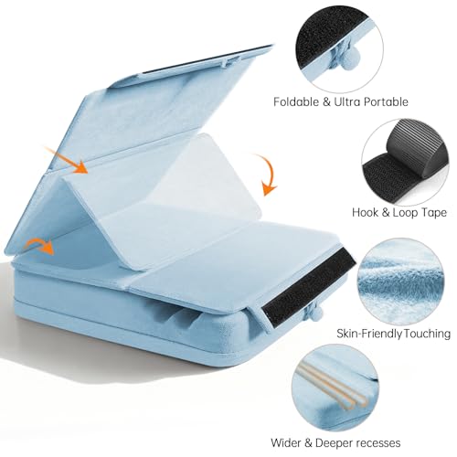 Tablet Pillow Stand with Storage, Foldable iPad Holder for Lep, Bed, Sofa, and Desk - Soft Pad Dock with Pocket and Stylus Mount Compatible with 4-13" iPad Pro/Air/Mini, Galaxy Tab, Kindle - color: Blue