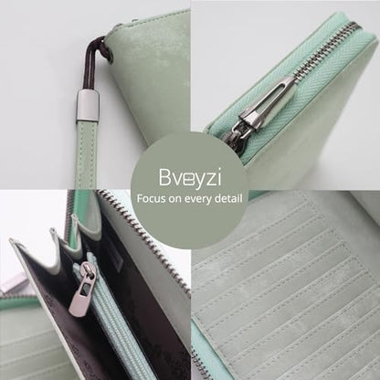 Bveyzi Women RFID Blocking Wallet Leather Zip Around Phone Clutch Large Capacity Ladies Travel Purse Wristlet - color: Sage Green