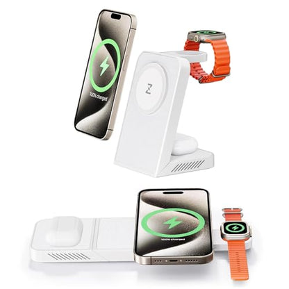 3-in-1 Fast Wireless Charging Station Multiple Devices, MagFree Transform 15W Magnetic Travel Charger Stand for iPhone 16/15/14/13/12, 5W Apple Watch Fast Charger, AirPods - 30W USB-C Charger Included
