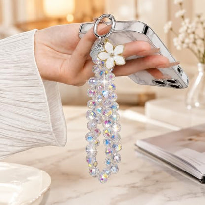 Cute Phone Wrist Strap Chic Beaded Cellphone Lanyard Phone Charm Grip Strap - color: White Flower Crystal