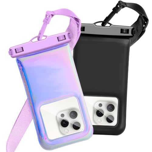 Floatable Waterproof Phone Pouch Case 2 pax for iPhone 17 16 Pro Max/15/14/13/12,IP68 Travel Cellphone Dry Bag Beach Cruise Ship Essentials Bags with Crossbody Lanyard, Iridescent Purple and Black-7″ - color: A1-Iridescent Purple and Black