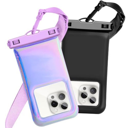 Floatable Waterproof Phone Pouch Case 2 pax for iPhone 17 16 Pro Max/15/14/13/12,IP68 Travel Cellphone Dry Bag Beach Cruise Ship Essentials Bags with Crossbody Lanyard, Iridescent Purple and Black-7″ - color: A1-Iridescent Purple and Black