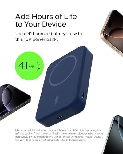 Belkin 10000mAh 15W Qi2 MagSafe Power Bank w/Built-in Kickstand | Wireless Charging Battery Pack, iPhone 17, Air, Pro, Pro Max, AirPods, Apple Watch, Google Pixel 10, Built-in Stand, Magnetic - color: Blue, style: 10K mAh