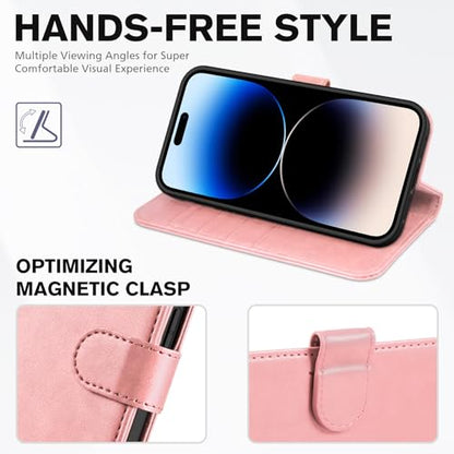 TUCCH Wallet Case with Wrist Strap for iPhone 14 Pro (6.1") 2022, Rose Gold | 4 Card Holders, RFID Blocking, Viewing Stand, Shockproof TPU Shell, PU Leather, Magnetic Closure, Folio Flip Cover - color: Strap - Rose Gold