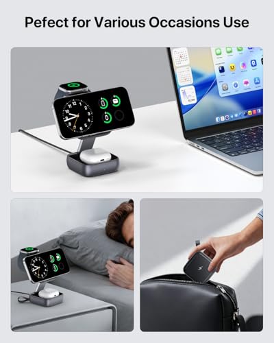 UEQ 3 in 1 Wireless Charging Station for Apple Devices,Foldable Fast Travel Magnetic Wireless Charger,Compatible with MagSafe Charger for iPhone 17 Air 16 15 14 13 12,Apple Watch&AirPods Pro