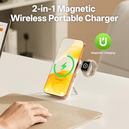 Q Magnetic Wireless Portable Charger 10,000mAh, Travel Essentials Power Bank with Built-in Cables & Foldable Stand, External Battery Pack Compatible with iPhone 17/16/15/14/13/12, Apple Watch - color: White