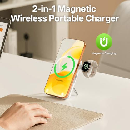 Q Magnetic Wireless Portable Charger 10,000mAh, Travel Essentials Power Bank with Built-in Cables & Foldable Stand, External Battery Pack Compatible with iPhone 17/16/15/14/13/12, Apple Watch - color: White
