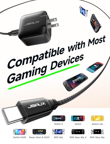 JSAUX 65W GaN USB C Charger for Switch 2, EU/UK Plug, 6.6FT Cable, Black - color: Black