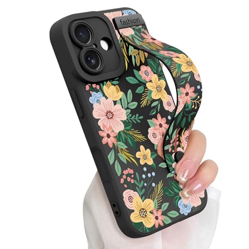 Cute Floral Flower Case for iPhone 17 with Finger Hand Strap | Pattern Design Phone Case with Adjustable Wristband Kickstand, Soft Slim TPU Protective Cover for Women Girls, Black - color: Black Blossom, size: Designed for iPhone 17