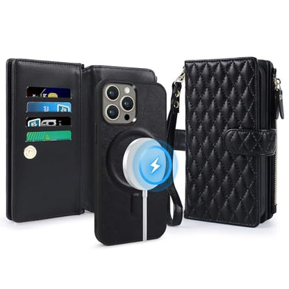 for iPhone 13 Pro Case Wallet,Compatible with MagSafe 2 in 1 Magnetic Detachable PU Leather RFID Blocking Wallet Cover Card Holder Zipper Wrist Strap Lanyard,Quilted Black - color: Quilted Black, size: iPhone 13 Pro