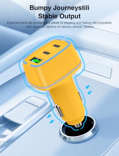 75W USB C Car Charger, 3-Port Super Fast Charging Cigarette Lighte - color: Yellow