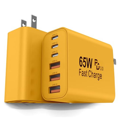 2-Pack 65W USB C Charger Block, 6-Port Fast Wall Charging Block [3 PD USB-C & 3 QC USB-A] for iPhone 17 16 15 Pro Max, iPad Pro, Galaxy S26 S25, Pixel 10 9, iWatch,Google & More - color: Yellow