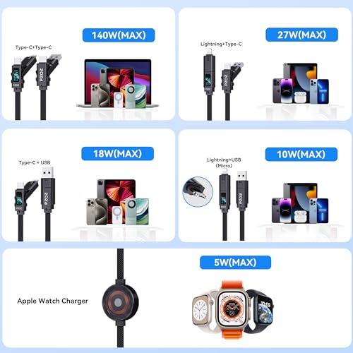 pzoz 6-in-1 USB-C Multi Charging Cable, 140W PD with Apple Watch Charger