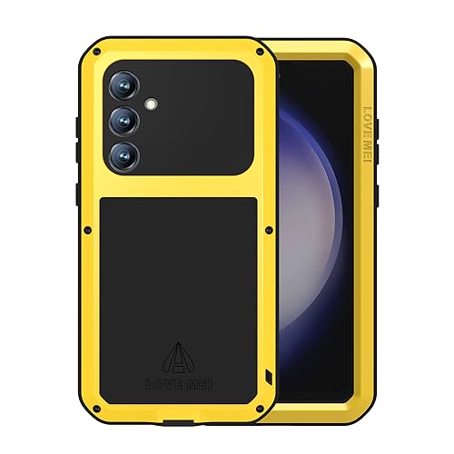 LOVE MEI Military Rugged Case for Samsung Galaxy S23 Fe, with Tempered Glass Screen Protector, Shockproof Dustproof Scratch Proof Hybrid Metal and Silicone Gel Heavy Duty Full Body Cover Yellow - color: Yellow