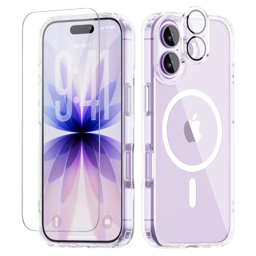 for iPhone 17 Case, Compatible with MagSafe, 3 in 1 Set with Screen Protector & Camera Lens Protector, Clear Magnetic Slim Cover, Anti-Yellowing Shockproof, Military-Grade Full Protection - color: Clear Slim, size: iPhone 17