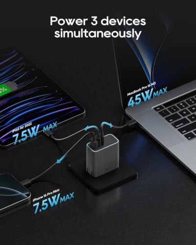 CUKTECH 65W USB C Charger, 3-Port Compact and Foldable Fast Charger Block, GaN Wall Charger Adapter for iPhone 16/15/14/13, MacBook Pro/Air, Galaxy S24/23/22, iPad, Pixel, iWatch, etc (Grey) - color: Grey