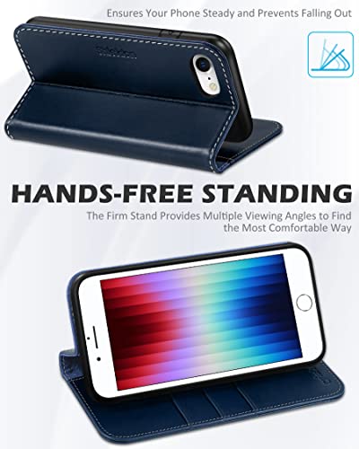 SHIELDON Leather Case Wallet for iPhone iPhone SE3/SE2/8/7, Retro Dark Blue | Genuine Leather, Folio Magnetic Closure, RFID Blocking, Credit Card Holder, Kickstand, Shock Absorbing Protective Cover - color: Dark Blue - Retro