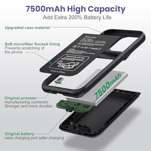 Battery Case for iPhone 14/13/13 Pro (6.1 Inch),Upgraded 7500mAh Ultra-Slim Portable Charging Case Rechargeable Protective Extended Battery Pack for iPhone 14/13/13 Pro Charger Cover-Black - color: Black