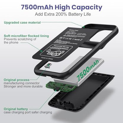 Feob Battery Case for iPhone 13/13 Pro/14,[2025 Upgraded] 7500 mAh Ultra-Slim Portable Extended Charger Cover for iPhone 13/13 Pro/14 Charging Case (6.1 Inch)-Black - color: Black