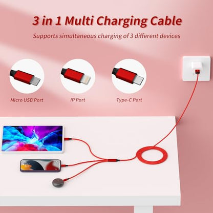 3 in 1 Multi Charging Cable 2 Pack 4FT Red Braided Nylon USB Cable