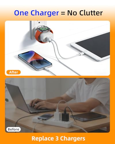 3-in-1 Portable Apple Watch Charger Fast Charging，25W Wireless Magnetic Foldable iWatch Charger Block，PD Travel Essentials Block for iWatch Ultra/SE/ 10/9/ 8/7/ 6，iPhone 17/16/ 15 Series