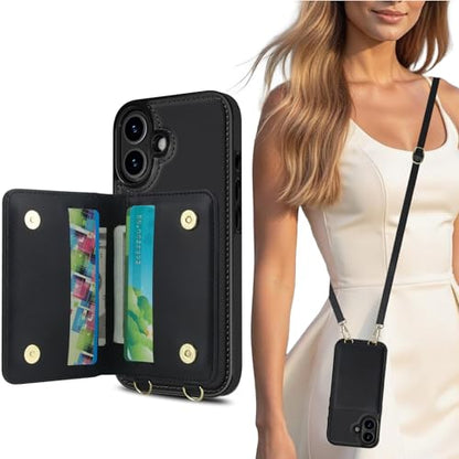 LOHASIC iPhone 17 Case Wallet for Women, Detachable & Adjustable Crossbody Strap with Wrist Strap, 4 Card Slots & 2 Cash Slots, RFID Blocking Phone Case Wallet Built-in Kickstand, Black - color: Black, size: iPhone 17