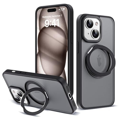 for iPhone 15 Case with 360° Spin Magnetic Stand,Black | iPhone 15 Phone Case 6.1",Spin Magnetic Ring Stand,Compatible with MagSafe,Military Protection,Translucent Matte - color: Black, size: iPhone 15