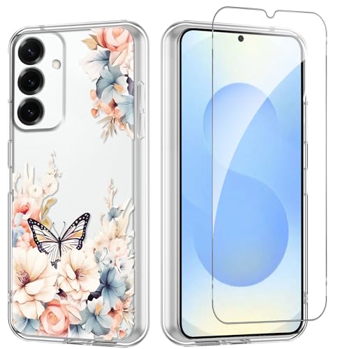 Flower Phone Case Floral for Samsung Galaxy S25 5G 6,2'' with Screen Protector, Clear Transparent Phone Cover Slim Soft Shockproof Anti-Scratch Drop Protection Funda for Girls Women, 01 - color: Flower 01, size: Samsung Galaxy S25 5G