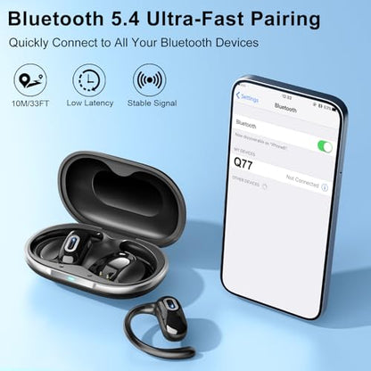 Qecnato Open Ear Headphones, Bluetooth 5.4 Earbuds, 50H, Air Conduction Ear Buds, HD Stereo Bass Over Ear Earphones with Earhooks, Ultra-Comfort Secure Fit, IPX7 Waterproof Headset for Working Sports