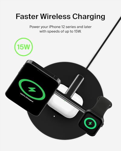 Belkin MagSafe 3 in 1 Wireless Charging Stand, 2nd Gen, 33% Faster - color: Black, style: Chrome Finish