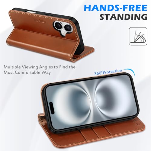 SHIELDON Genuine Leather Case Wallet for iPhone 16 Plus 6.7", Retro Brown | Genuine Leather, Folio Magnetic Closure, RFID Blocking, Credit Card Holder, Kickstand, Soft Shock Absorbing Protective Cover - color: Retro Brown